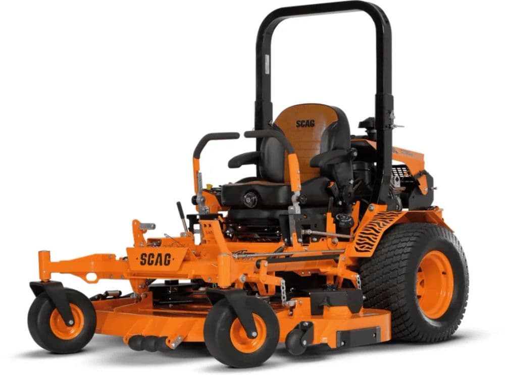 SCAG zero turn mower with dual seating and orange detailing for efficient lawn care.